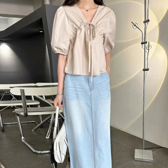 Puff Sleeve Women's Businesswear Casual Lace-Up Shirt