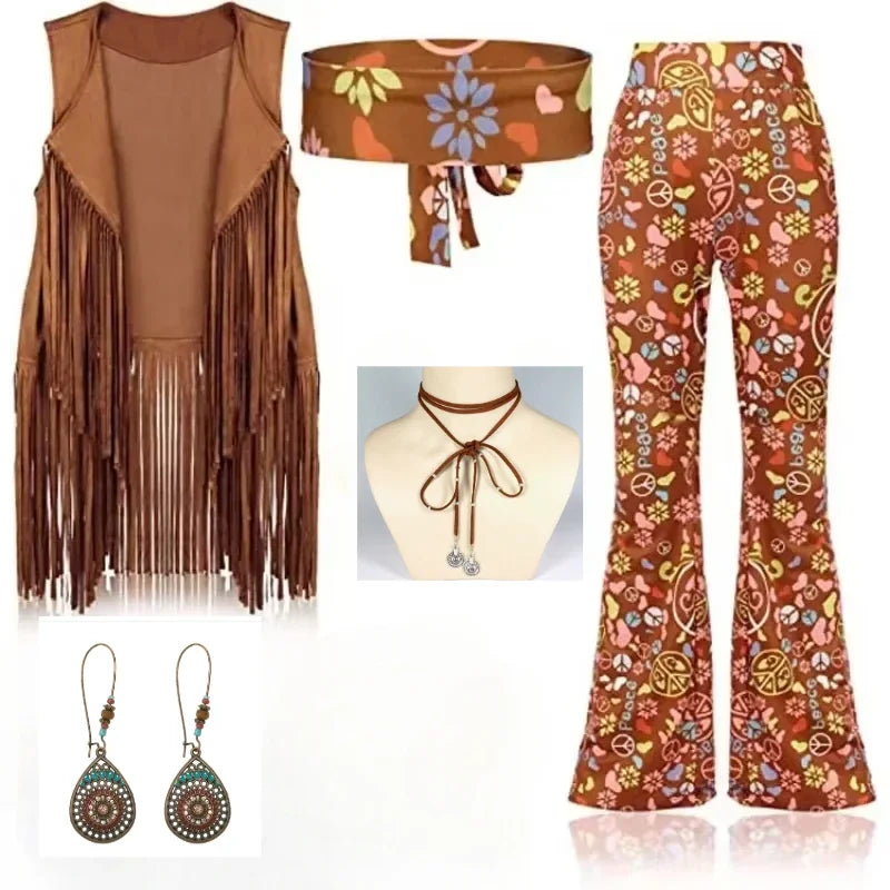 Complete Outfit, Hippie Disco 60s 70s Cosplay Costume in Floral Pink or Brown