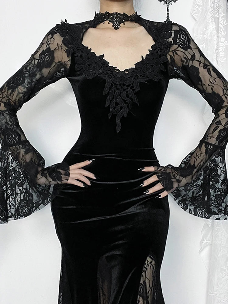 AltGoth Romantic Goth Aesthetic Flare-Sleeve Clubwear Dress