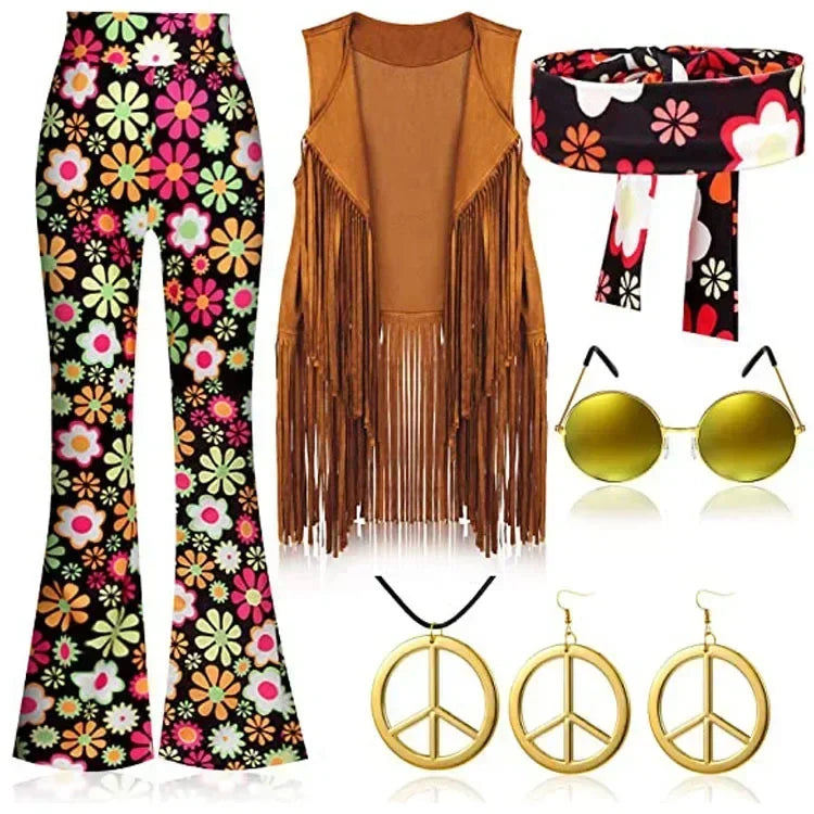 Complete Outfit, Hippie Disco 60s 70s Cosplay Fesitval Costume with Indian Tassels
