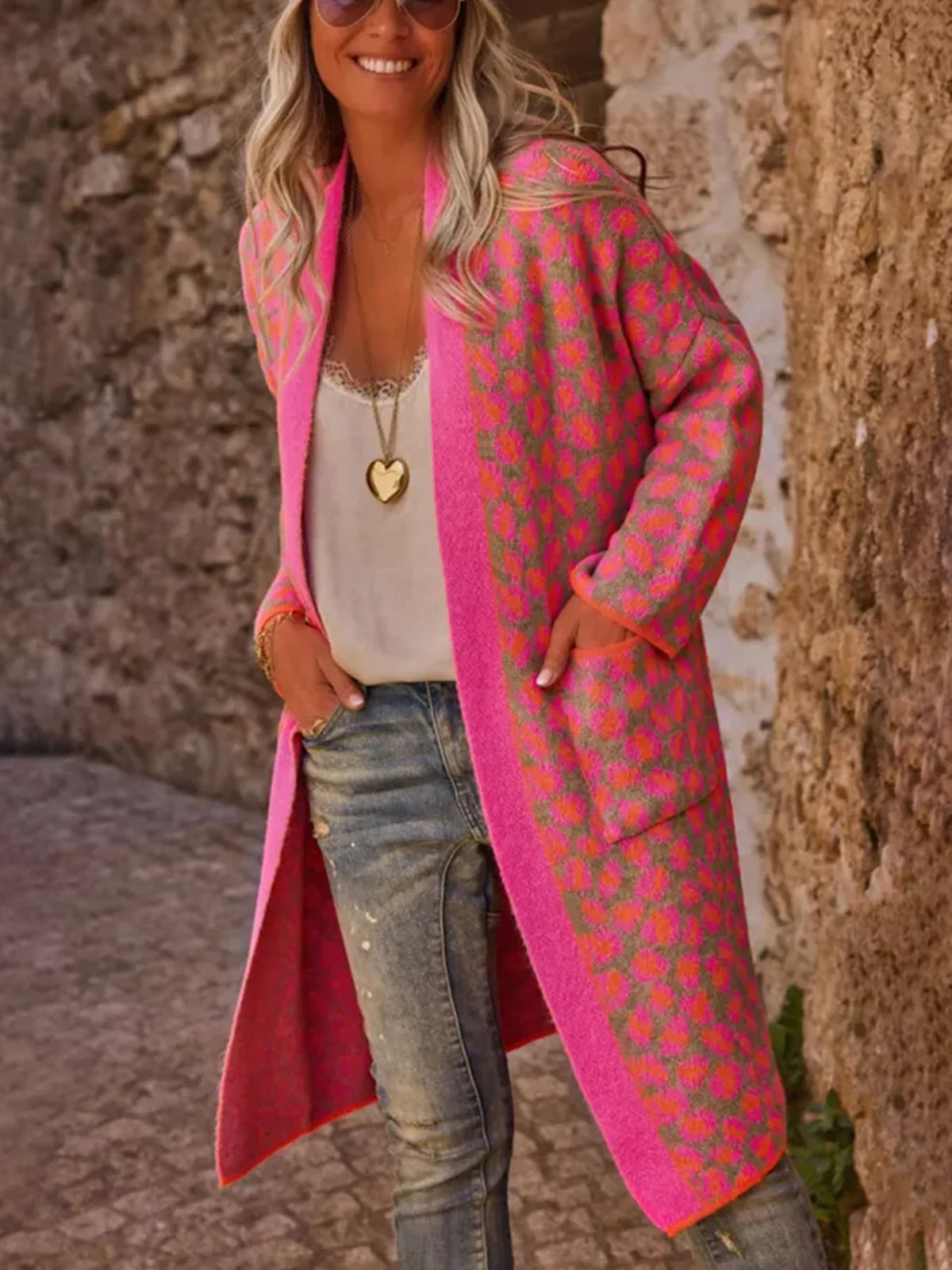 Women's Long Cardigan Coat, Festival Wear Wrap Coat with Pockets in Pink