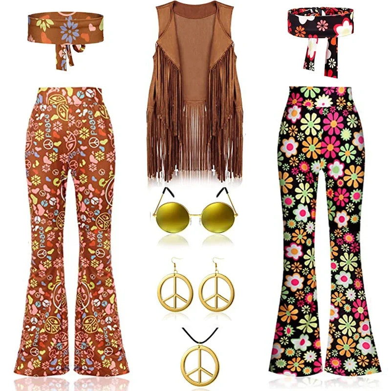 Complete Outfit, Hippie Disco 60s 70s Cosplay Fesitval Costume with Indian Tassels