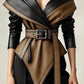 Vireous Women's Faux Leather Fashion Jacket, Irregular Off-Shoulder in Black & Brown