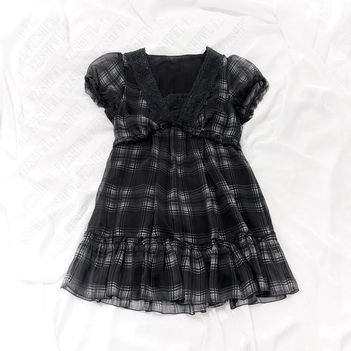 Dark Cross Classic Punk Emo Plaid Vintage Smock Top with Matching Skirt