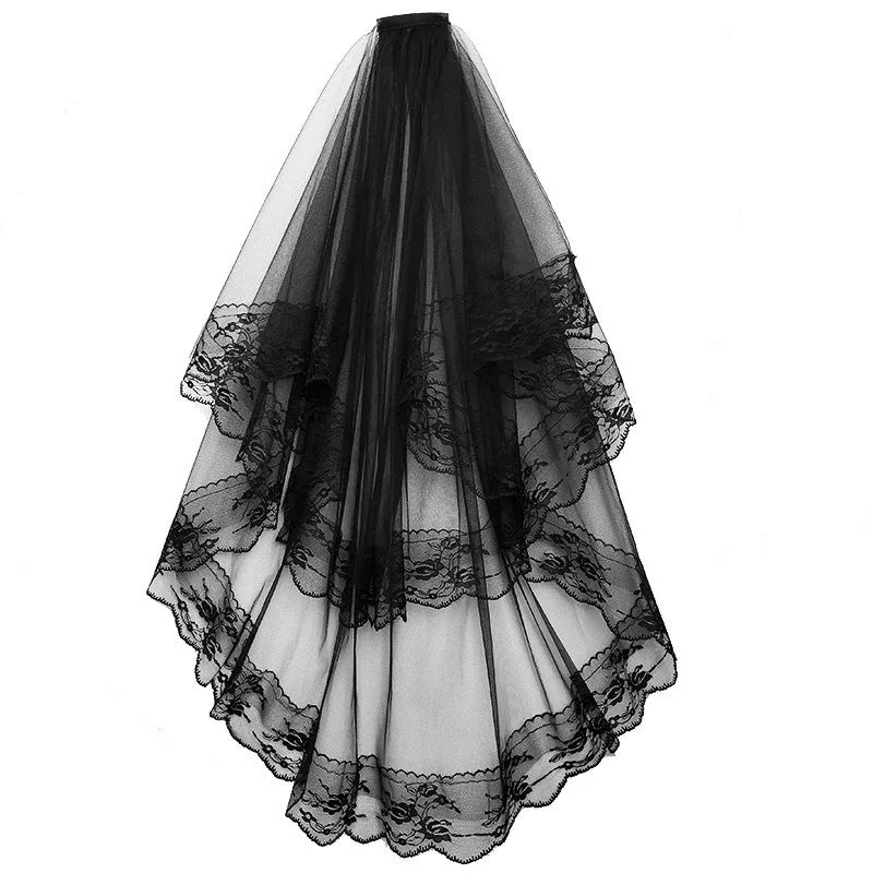Women's Two-Tier Bridal Wedding Veil with Gothic Edge and Embroidery