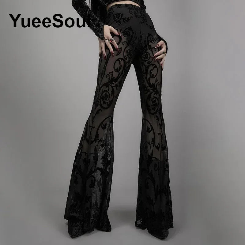 Goth Women's Flared Pants with Black Lace, Embroidery, Multi Designs