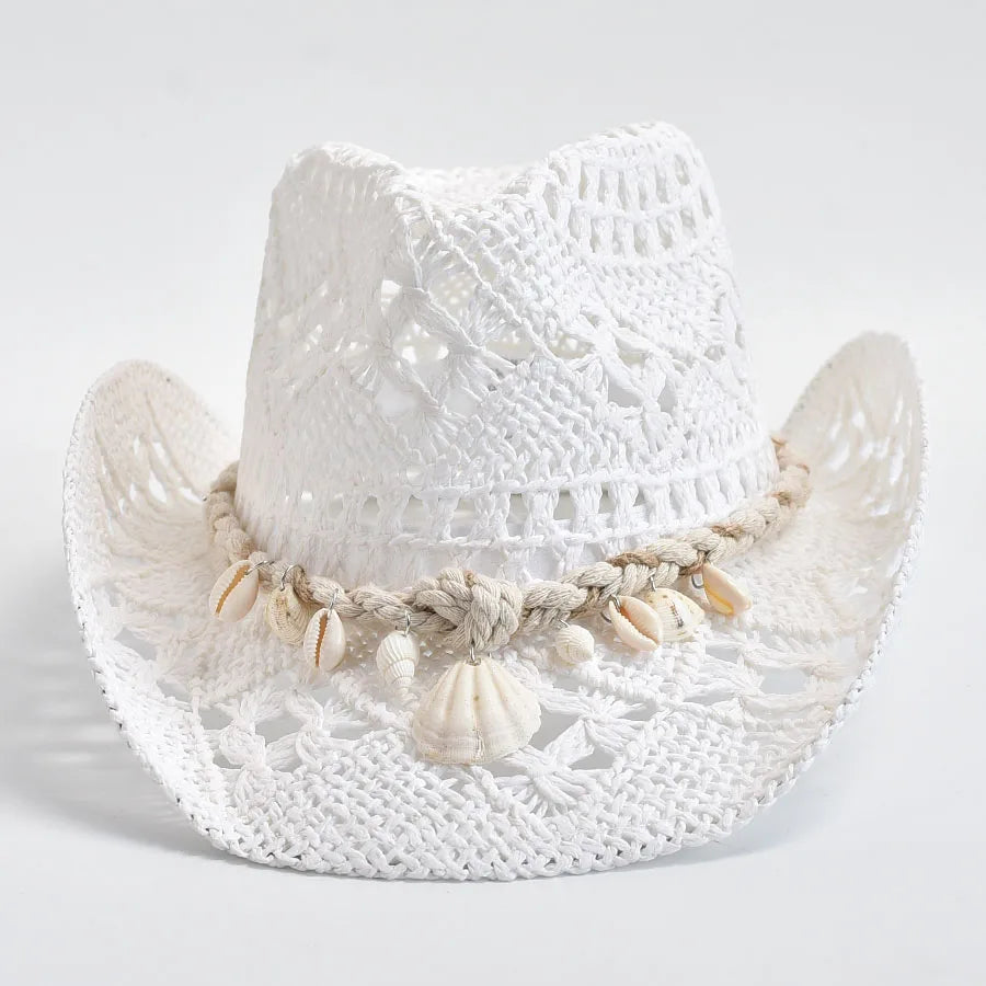 Women's Summer Hand Woven Straw Hat with Natural Shell Decoration