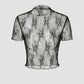 Dark Cross Black Lace Top with Elastic Mesh, Layering Short Sleeves