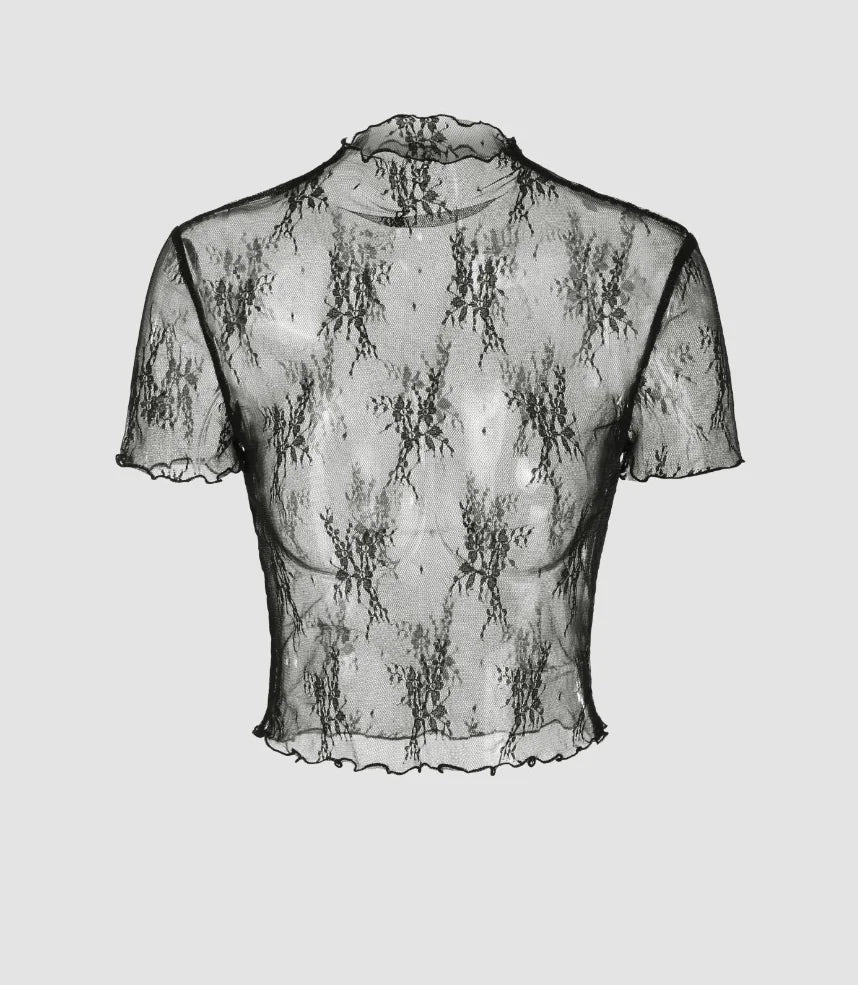 Dark Cross Black Lace Top with Elastic Mesh, Layering Short Sleeves