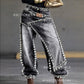 Women's Fashion Hipster Baggy Distressed Jeans with Sparkling Rhinestones