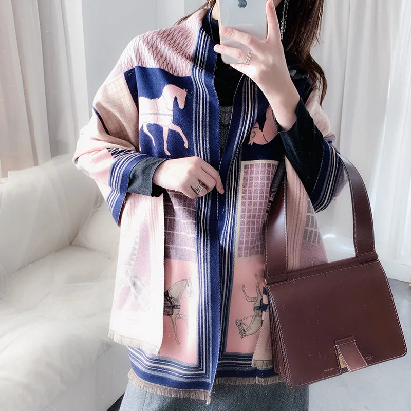 Extra-Large Cashmere Scarf, Equestrian-Print Blanket Wrap, Pashmina