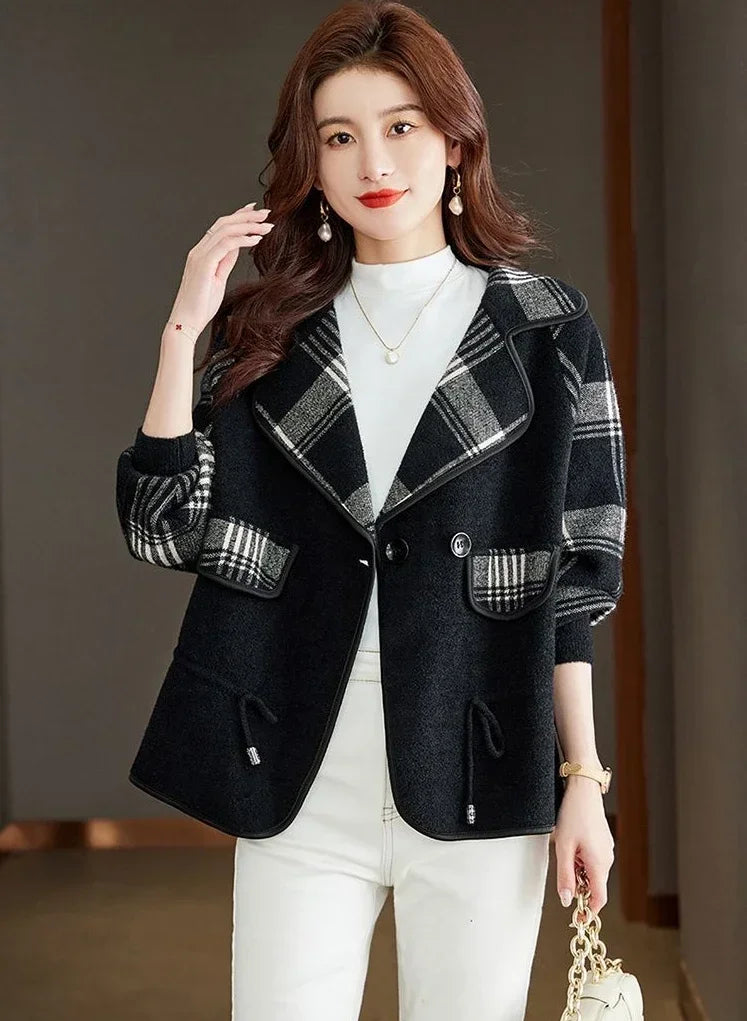 Colourblock Plaid Crop Women's Wool Blend Blazer