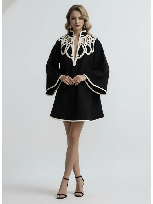 Avant Garde Black and White Contrast Bell-Sleeve Loose Fit Mini Dress