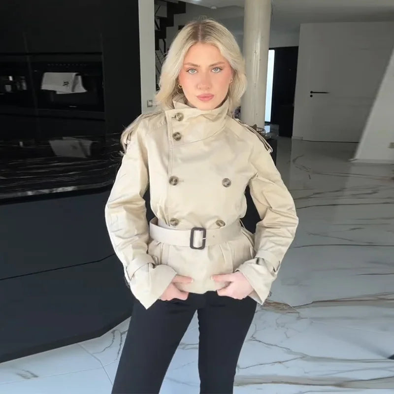 Vireous Women's Short Jacket Belted Trench Coat