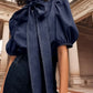 Vireous Women's Princess Sleeves High-Neck Bow Tie Denim-Look Blouse