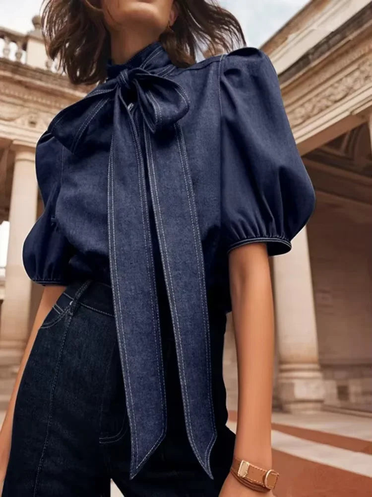 Vireous Women's Princess Sleeves High-Neck Bow Tie Denim-Look Blouse