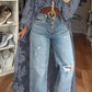 Vireous Lace Floral Extra-Long Shirt Top, High Neck Overwear
