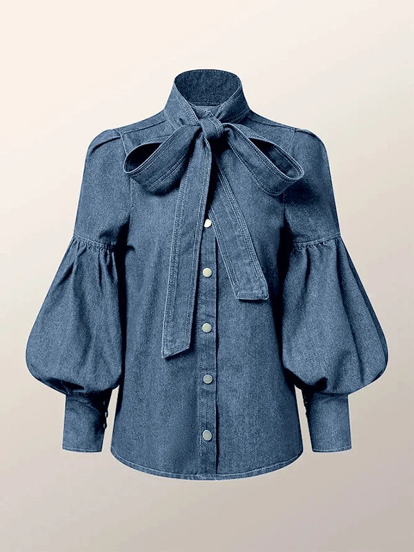 Vireous Women's Princess Sleeves High-Neck Bow Tie Denim-Look Blouse