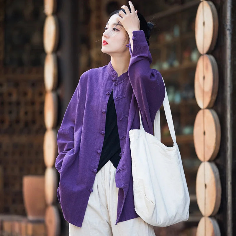 Fashion Cotton Linen Women's Stand Collar Jacket, Multi Colours