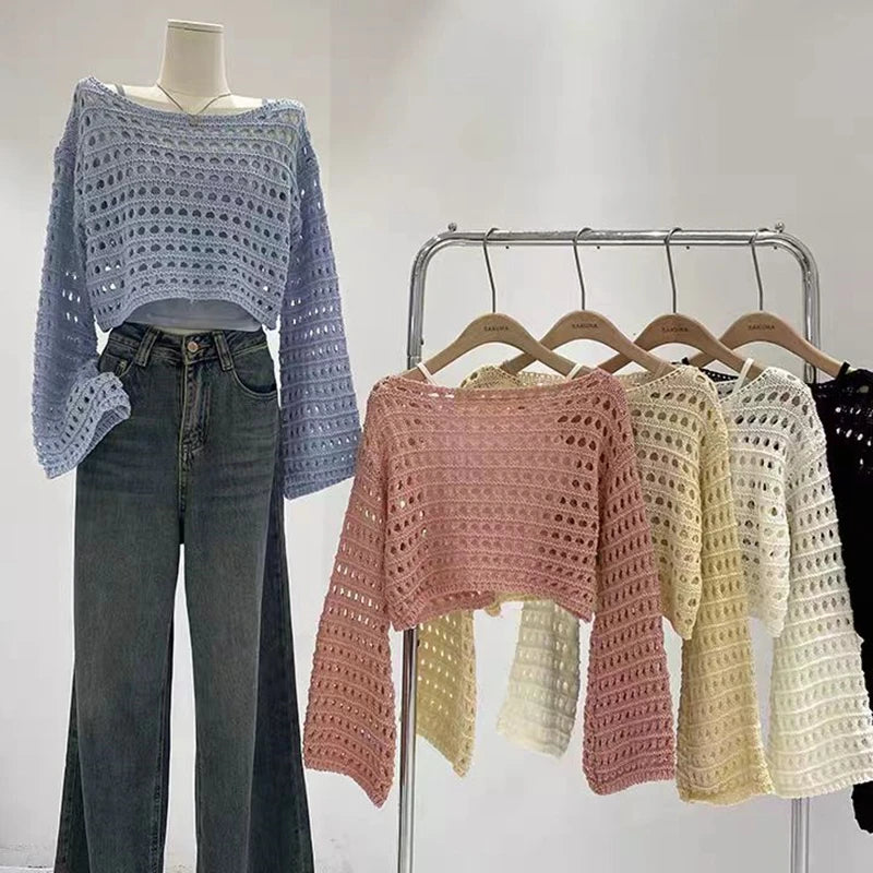 Crochet Casual Women's Cover Up, Long Sleeve Knitted Crop Top