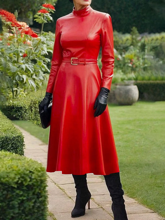 Vireous Red PU Leather Belted Women's Maxi Dress