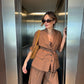 Cotton Linen Women's Belted Businesswear, Coffee Jacket and Shorts Two-Piece