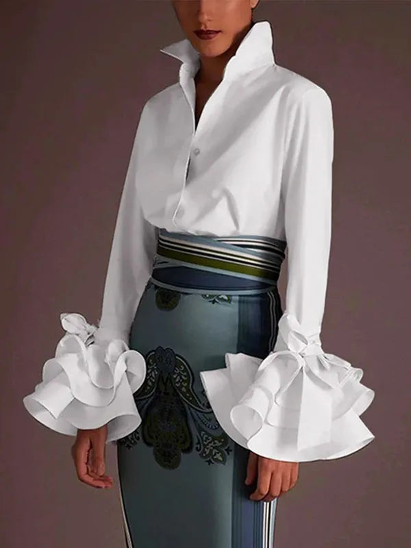 Vireous Women's Elegant Flared-Sleeves Falbala Blouse