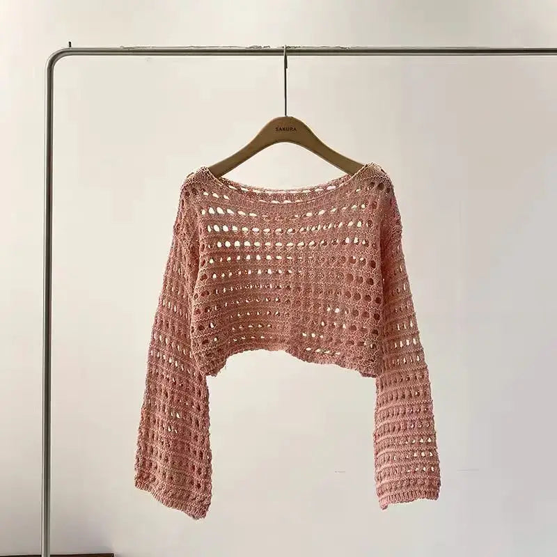 Crochet Casual Women's Cover Up, Long Sleeve Knitted Crop Top