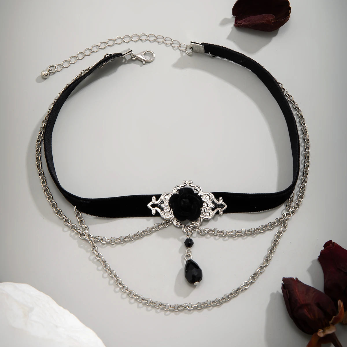 Dark Cross Punk Black Cotton and Chain Choker with Pendant