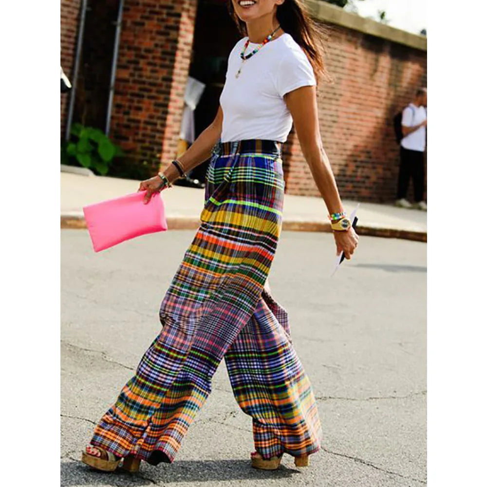 Vireous Loose Wide-Leg Checkerboard Printed Casual Bottoms, Pants