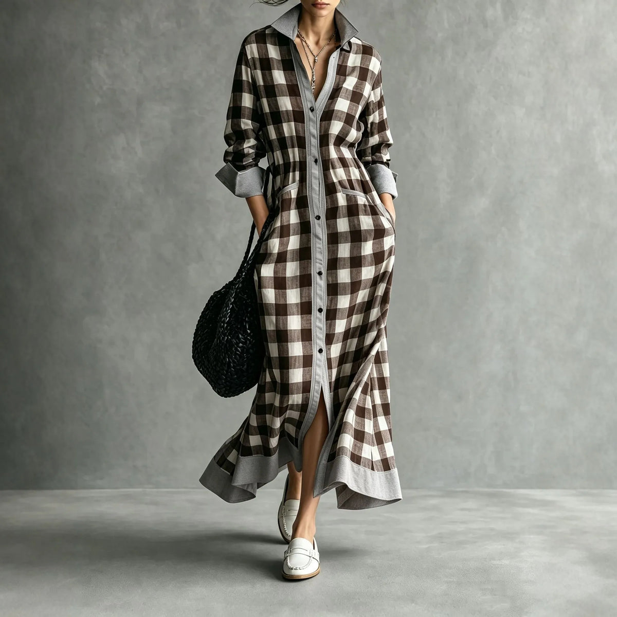 Vireous Bold Gingham Long Dress, Vacation Dress with Pockets