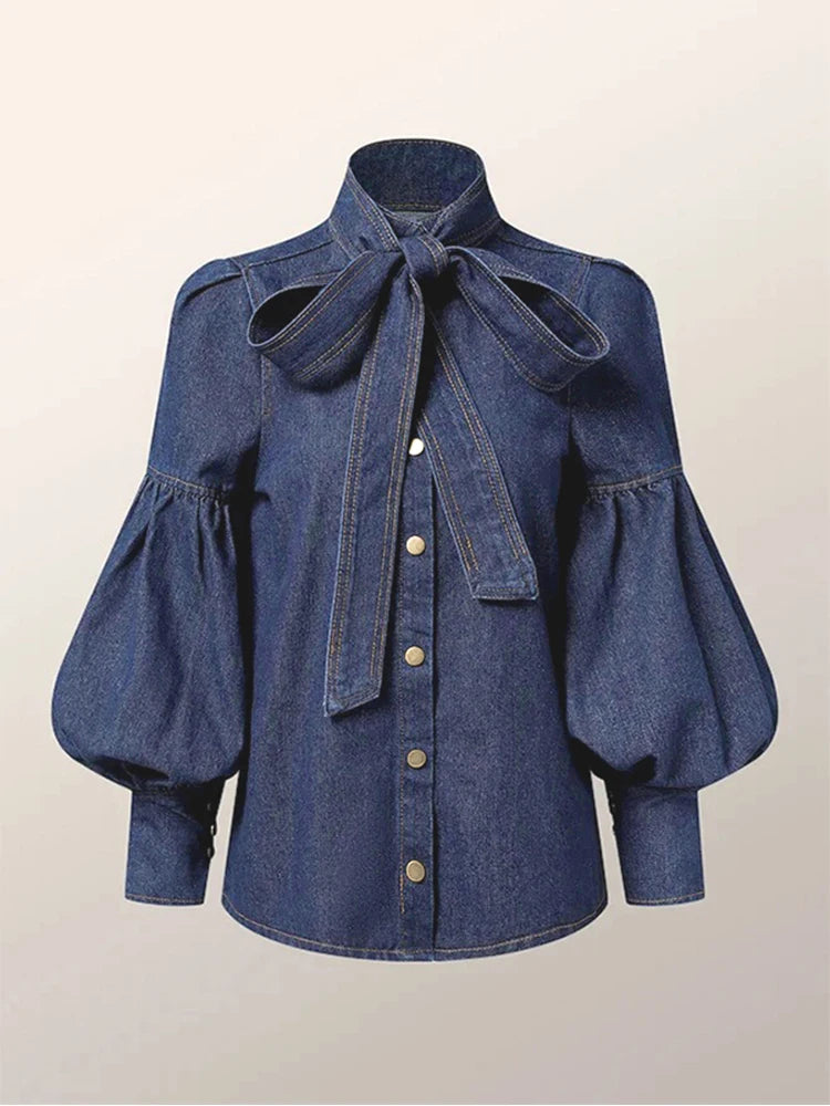 Vireous Women's Princess Sleeves High-Neck Bow Tie Denim-Look Blouse