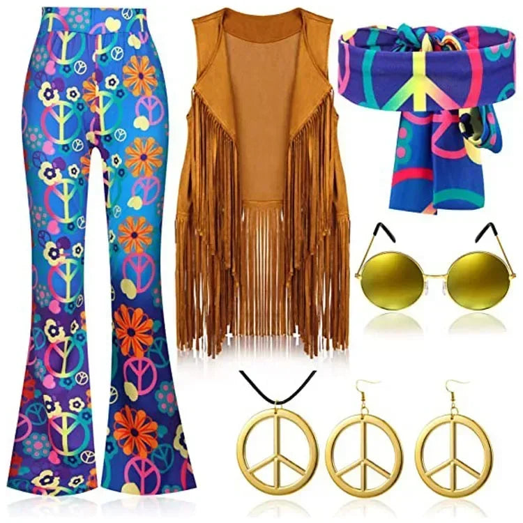 Complete Outfit, Hippie Disco 60s 70s Cosplay Fesitval Costume with Indian Tassels