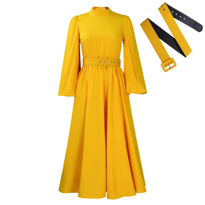 Vireous Elegant High-Neck Bubble Sleeve Midi Dress, Popping Colours