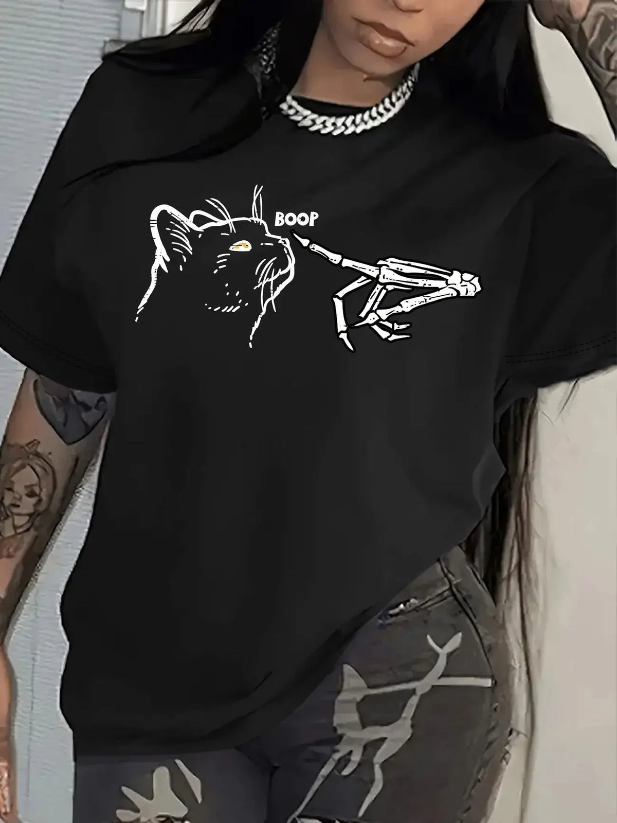 'Boop' Skeleton Hand Cat Design T-Shirt