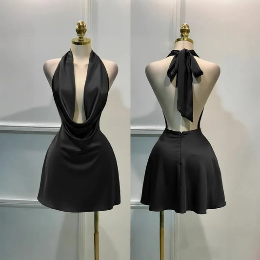 Vireous Satin Party Mini Dress, Open Back Summer Evening Wear