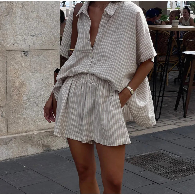 Cotton Linen Women's Two-Piece Summer Shorts Set, Plus Sizes