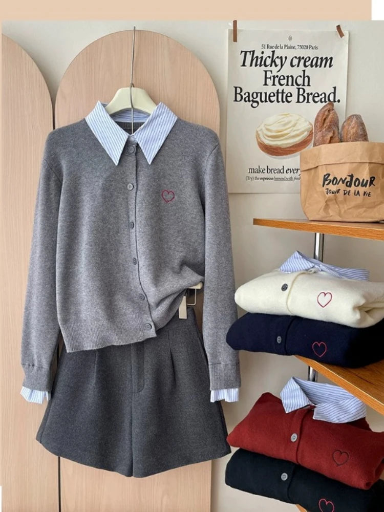 Vireous French-Style Polo Collar Fake-Two Piece Cardigan