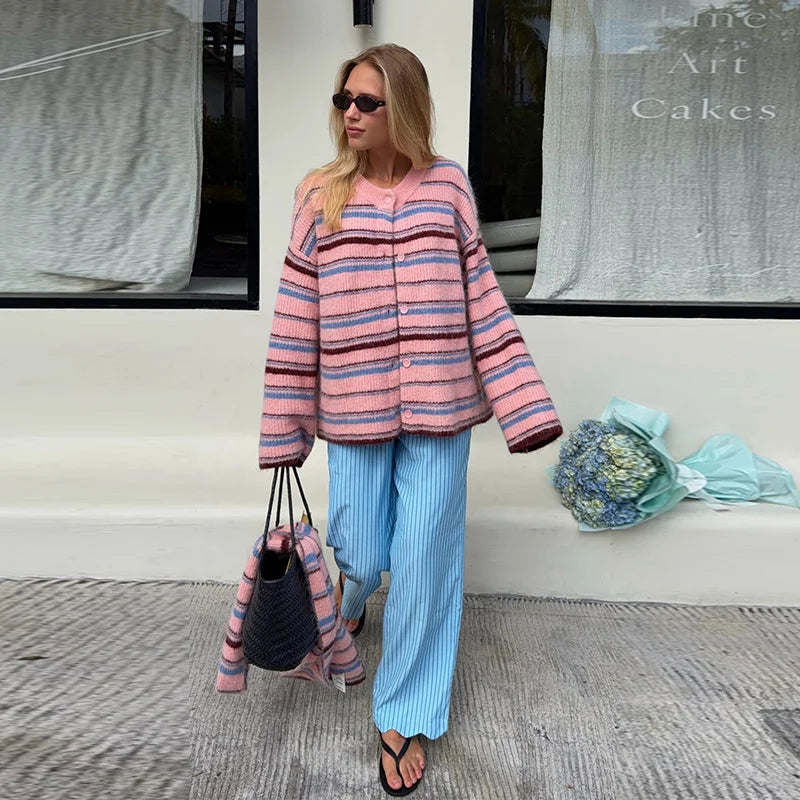 Women's Striped Knitted Coat, Soft Outerwear in Pink or Green