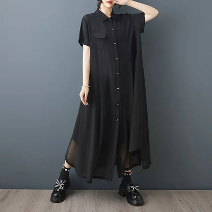 Vireous Black Chiffon Retro and Artistic Midi Dress