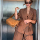 Cotton Linen Women's Belted Businesswear, Coffee Jacket and Shorts Two-Piece