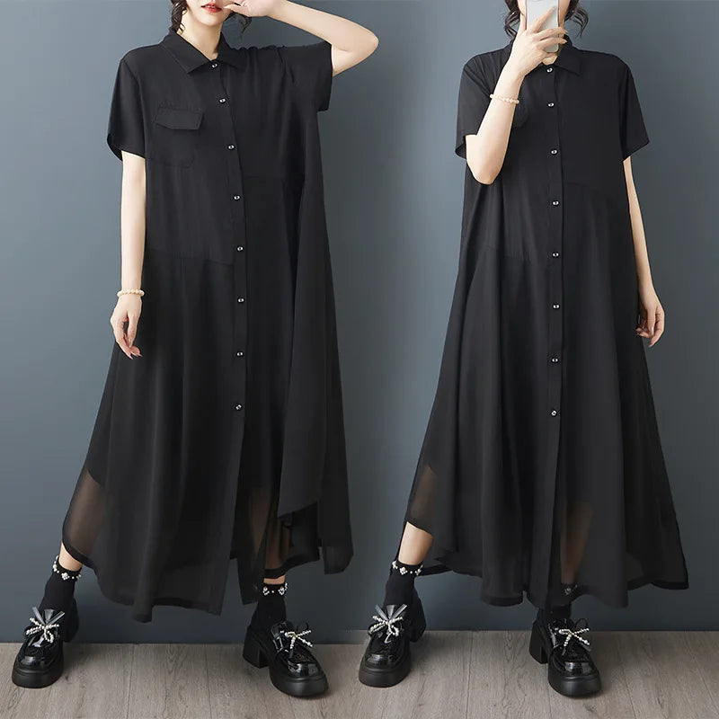 Vireous Black Chiffon Retro and Artistic Midi Dress