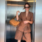 Cotton Linen Women's Belted Businesswear, Coffee Jacket and Shorts Two-Piece