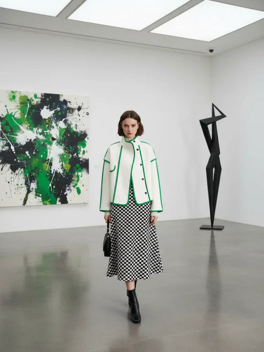 Vireous High-Neck Fashion Woollen Short Coat, Ivory with Green Trim