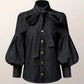 Vireous Women's Princess Sleeves High-Neck Bow Tie Denim-Look Blouse