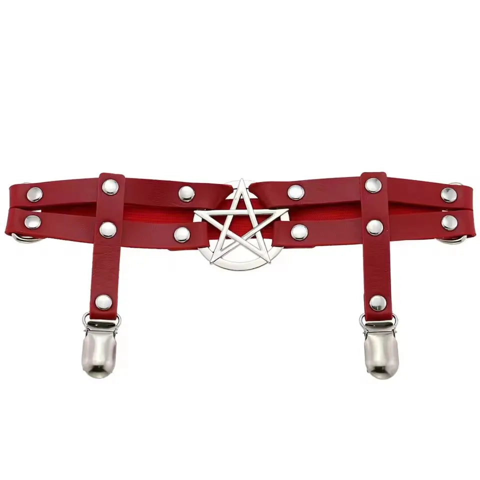 Dark Cross Goth Leg Strap Garter Belt, Pentagram Motif Suspenders