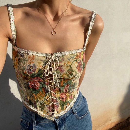 Retro Romantic Gothic Jacquard Floral Lace-Up Corset, Camisole Top