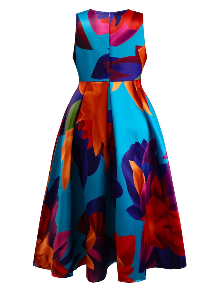 Vireous Floral Abstract Print Tank Dress, Sleeveless Evening Dress, Plus Sizes
