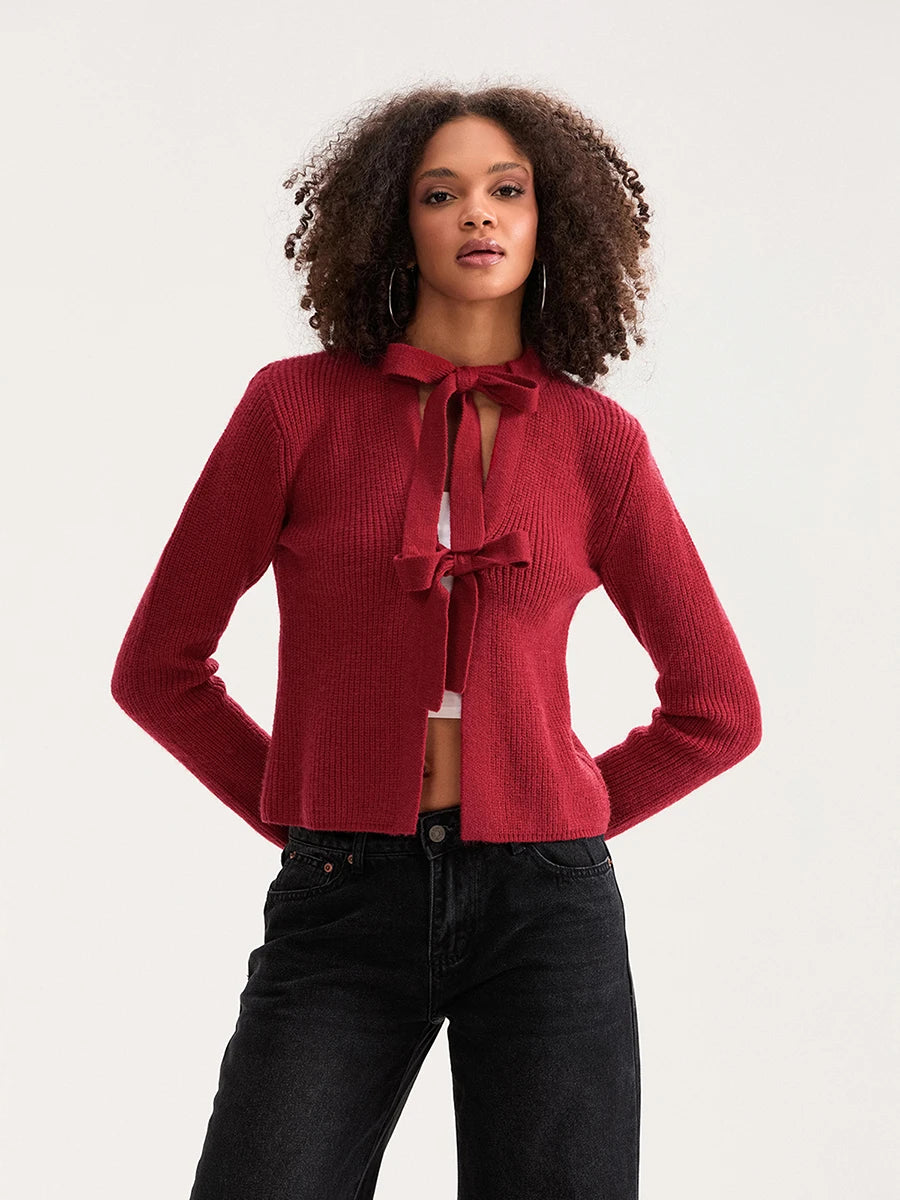 Bow Tied Front Knitted Women's Cardigan, Multi Colours