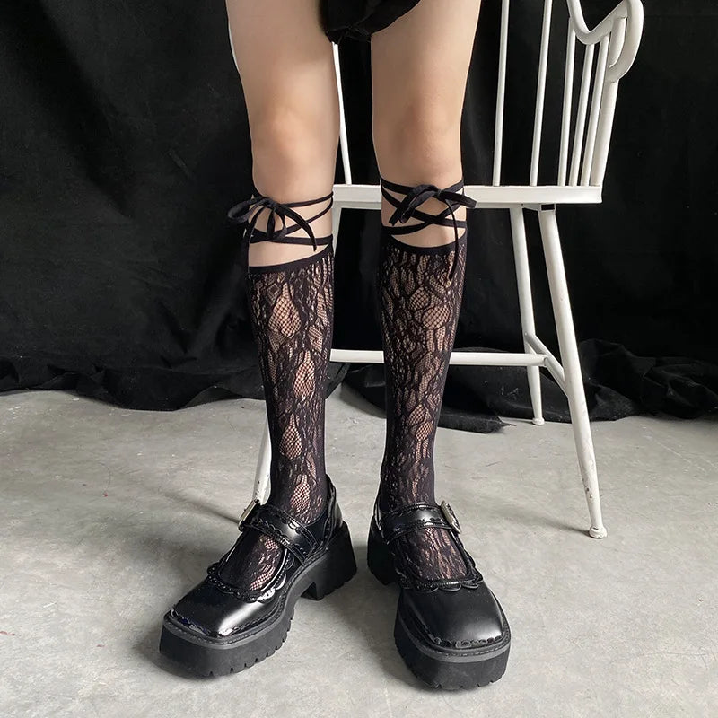 Summer Sexy Long Japanese-Style Socks, Irregular Lace-Tie Fishnet Stockings